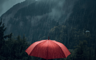 Person mit einem roten Regenschirm steht im Regen in den Bergen, umgeben von dichten, bewaldeten Hängen und grauem Himmel.