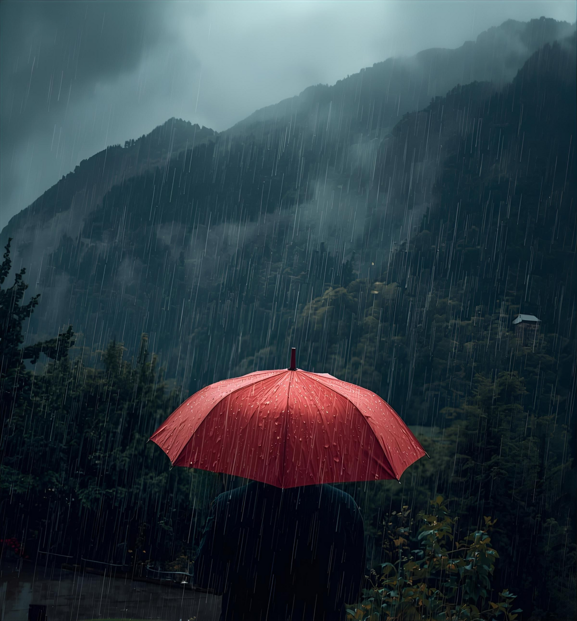 Person mit einem roten Regenschirm steht im Regen in den Bergen, umgeben von dichten, bewaldeten Hängen und grauem Himmel.