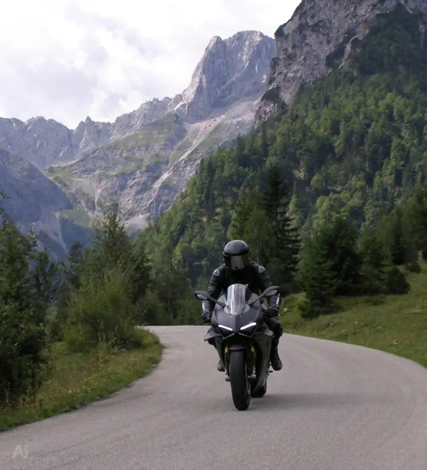 Motorradfahrer auf einer kurvenreichen Straße in den Alpen, umgeben von beeindruckenden Bergen und üppiger Natur.
