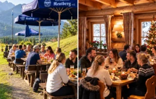 Biergarten der Klosterbrauerei Reutberg mit Gästen im Freien und einladendem Restaurantambiente im Familienurlaub in Bayern.